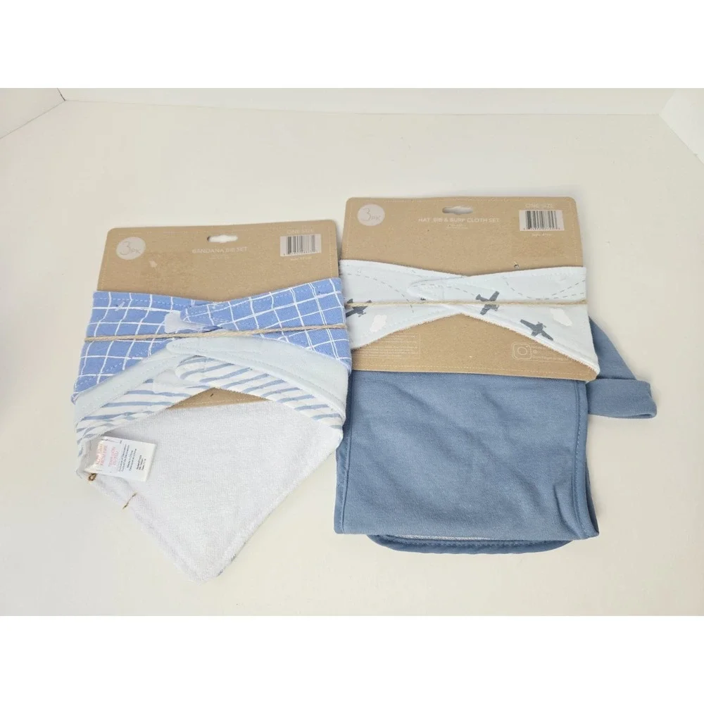 Lila & Jack Bandana Bib Set‎ 3 pack Hat/Bib/ Burp Cloth set NEW blue airplane